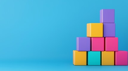 Obraz premium Stacked colorful cubes in a minimalist setting with a blue background. Concept of balance, creativity, and structure.