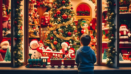 Back view of little boy looking into window of store decorated for Christmas. Child standing in front of magnificent showcase with toys, Santa Clause and train. Amazing Xmas gift shop for children