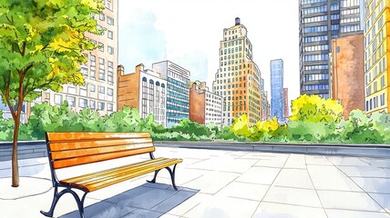 Quiet bench in a bustling city, tall buildings nearby, peaceful escape, Watercolor style