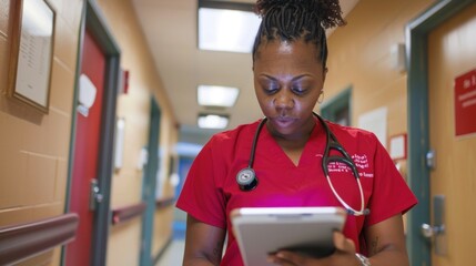 A nurse reviewing electronic medical records on a tablet.