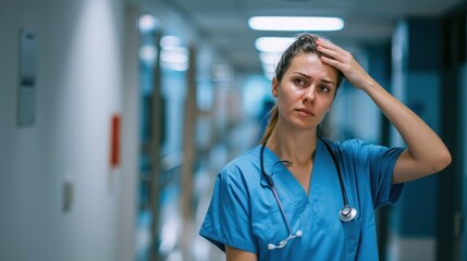 A nurse rubbing her eyes after working long hours.