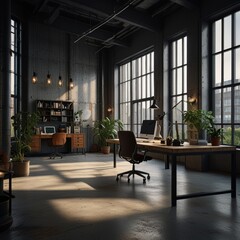 Modern industrial living space for office interiors with exposed metal and concrete textures