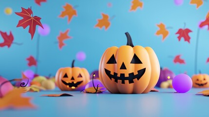 Halloween pumpkins with autumn leaves and glowing lights on blue background. Concept of festive fall decoration and spooky celebration.
