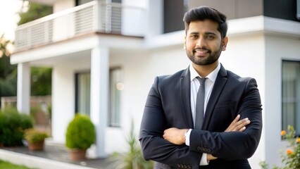 Fototapeta premium Confident Indian Real Estate Agent Outside Modern House 