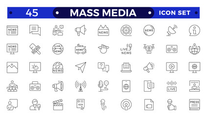 Set of Outline icons news, mass media, and fake news. Outline symbol collection. related to social networks, public media, journalism, communication, networking.
