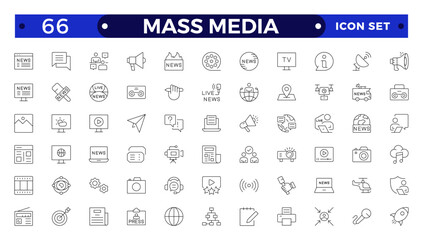 Set of Outline icons news, mass media, and fake news. Outline symbol collection. related to social networks, public media, journalism, communication, networking.