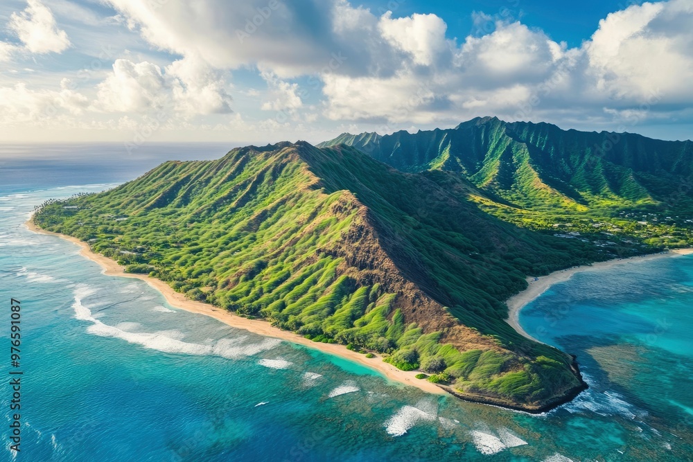 Wall mural Aerial view of Koko Head and mountain landscape overlooking ocean and beach, Hawaii, United States, ai