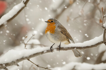 small bird with an orange chest stands on snow covered branch