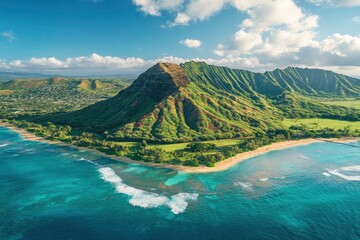 Naklejka premium Aerial view of Koko Head and mountain landscape overlooking ocean and beach, Hawaii, United States, ai