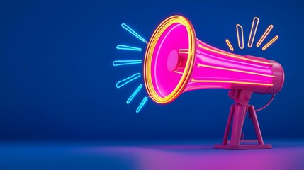 Neon megaphone in a vibrant digital concept with colorful lighting and sound waves.
