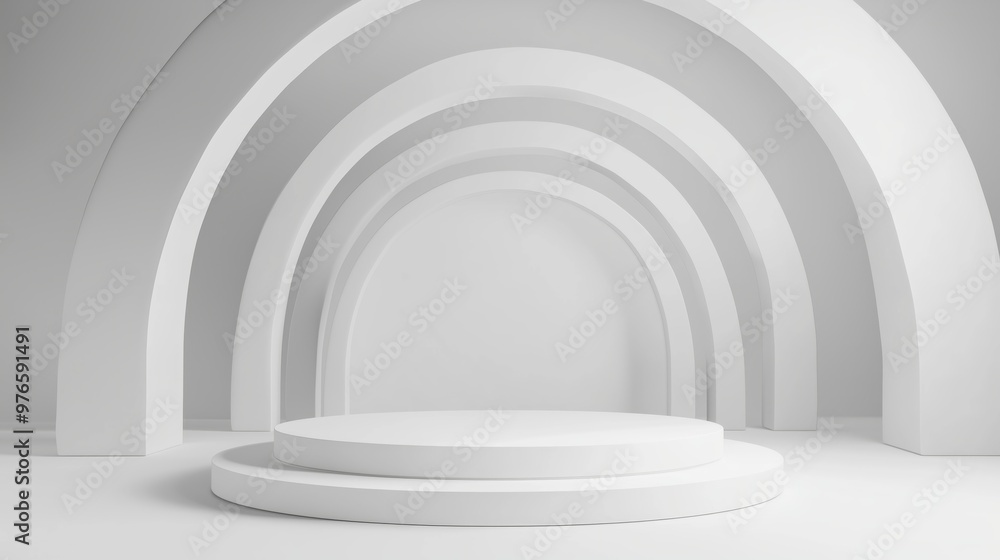 Aufkleber modern minimalist white abstract arch geometry background with curved arches and a round stage platf