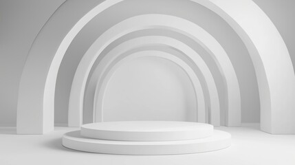 Modern minimalist white abstract arch geometry background with curved arches and a round stage platform.