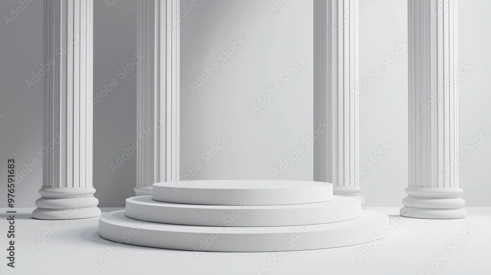 Poster minimalistic white classical columns with an empty podium in a bright spacious room, perfect for pre
