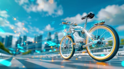 Futuristic bicycle with advanced AI and self-balancing technology, cruising through a modern cityscape with green energy sources and innovative urban design, showcasing the future of cycling
