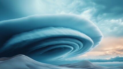 A stunning natural phenomenon showcasing a spiral cloud formation against a serene landscape, evoking beauty and mystery.