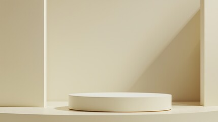 Minimalist beige podium in well-lit studio, perfect for product showcase and modern artistic presentations.