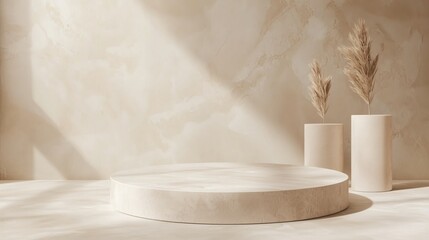Minimalist beige podium with dried plants in vases, soft natural light, and textured backdrop ideal for product display or presentation.