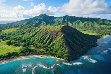 Fototapeta premium Aerial view of Koko Head and mountain landscape overlooking ocean and beach, Hawaii, United States , ai