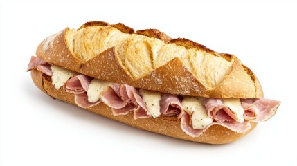 Delicious sandwich filled with ham and creamy sauce, served in a freshly baked bread roll, ideal for lunch or snack.