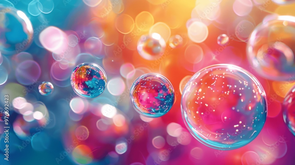 Poster colorful 3d soap bubbles floating with vibrant colors on abstract background