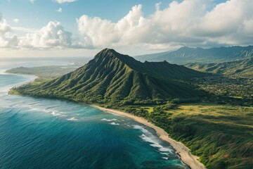 Naklejka premium Aerial view of Koko Head and mountain landscape overlooking ocean and beach, Hawaii, United States , ai