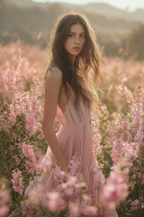A graceful young woman in her 20s stands tall amidst field of pink flowers, exuding serene and dreamy atmosphere. soft sunlight enhances beauty of scene