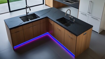 Beautiful Kitchen In Luxury Home With Island. Designer Pendant Lights, Gorgeous Hardwood Floors, and High-End Stainless Steel Appliances for Ultimate Comfort and Style