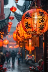 Naklejka premium Chinese ancient architecture. Hanging red lanterns