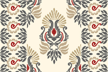 Embroidered Ikat flower pattern on a light yellow background. Traditional ethnic ikat, Aztec abstract vector pattern, seamless pattern in tribal, folk embroidery and Mexican style.