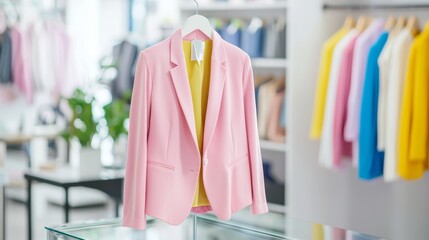Fashionable pastel pink blazer on display in boutique, representing modern style and shopping.