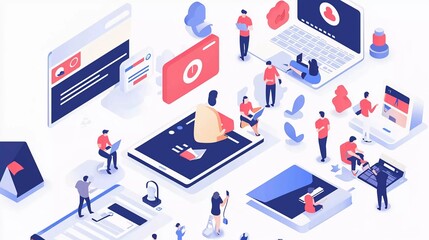Digital marketing modern flat design isometric concept. Advertising and people concept. Landing page templates. Conceptual isometric vector illustration for good web and graphic design
