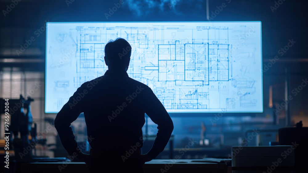 Poster silhouette of an engineer examining blueprint on large screen creates sense of focus and determination. detailed plans highlight importance of precision in engineering