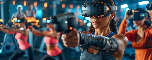 Futuristic fitness center where users engage in virtual reality workouts, with holographic trainers guiding them through exercises, blending technology and health