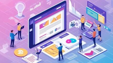 Digital marketing modern flat design isometric concept. Advertising and people concept. Landing page templates. Conceptual isometric vector illustration for good web and graphic design