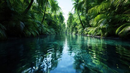 Obraz premium Serene tropical river surrounded by lush green palms and clear water, perfect for nature lovers and eco-tourism themes.