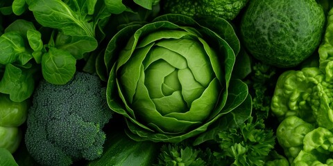 Obraz premium A cinematicstyle photograph of a green vegetable with intricate folds surrounded by vegetables in shades of mint forest green and teal The vegetables are densely packed in a compact arrangement with m