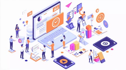 Digital marketing modern flat design isometric concept. Advertising and people concept. Landing page templates. Conceptual isometric vector illustration for good web and graphic design