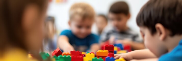Several children are seen playing with colorful toy blocks, focusing on building structures together, promoting creativity, teamwork, and playful learning in a vibrant indoor setting.