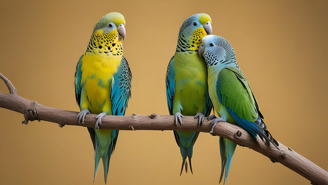 green and blue parakeets sitting on a branch looking at each other with a brown background,