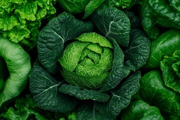 Obraz premium A cinematicstyle photograph of a green vegetable with intricate ridges and a matte surface surrounded by vegetables in shades of emerald olive and lime green The vegetables are densely arranged creati