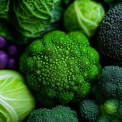 A cinematicstyle photograph of a green vegetable with intricate ridges and a matte surface surrounded by vegetables in shades of emerald olive and lime green The vegetables are densely arranged creati