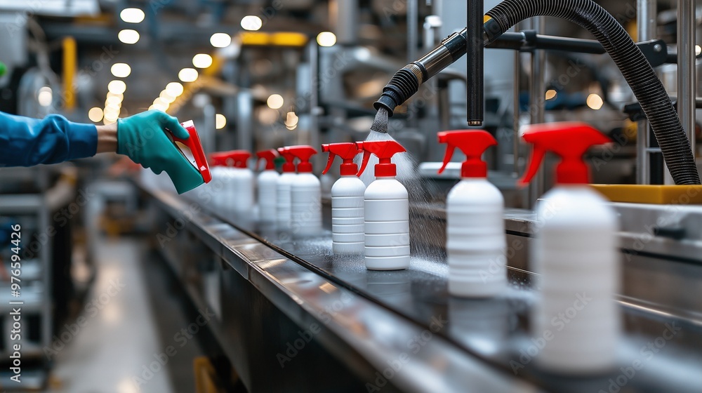 Poster a clean and efficient factory production line filling spray bottles with cleaning solutions