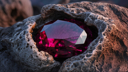 Gemstone set in weathered volcanic rock, realistic 3D render with deep colors and rugged textures