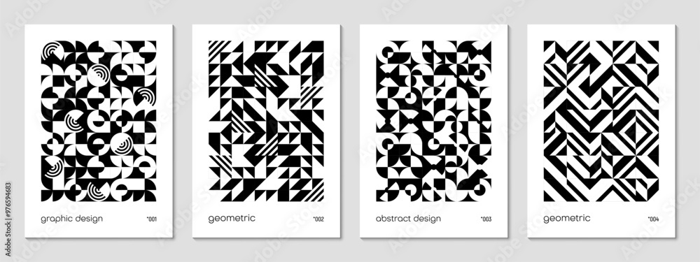 Poster Monochrome abstract geometric poster templates featuring black and white pattern of shapes and lines, creating a modern and artistic aesthetic. Vector vertical cards or layouts with contemporary art