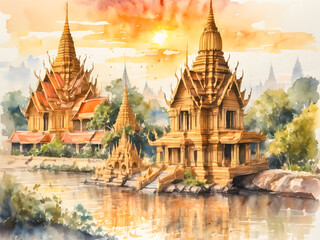 Fototapeta premium Digital painting of thai temple in Bangkok, Thailand.