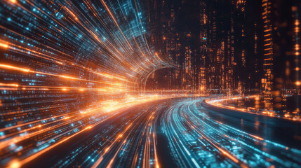 Quantum computing financial algorithms creating a pulsating data stream in a neon-lit virtual reality world