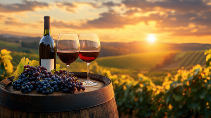 Sunset view with wine bottle and glasses