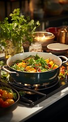 Green pot with vegetables cooking on a stovetop.