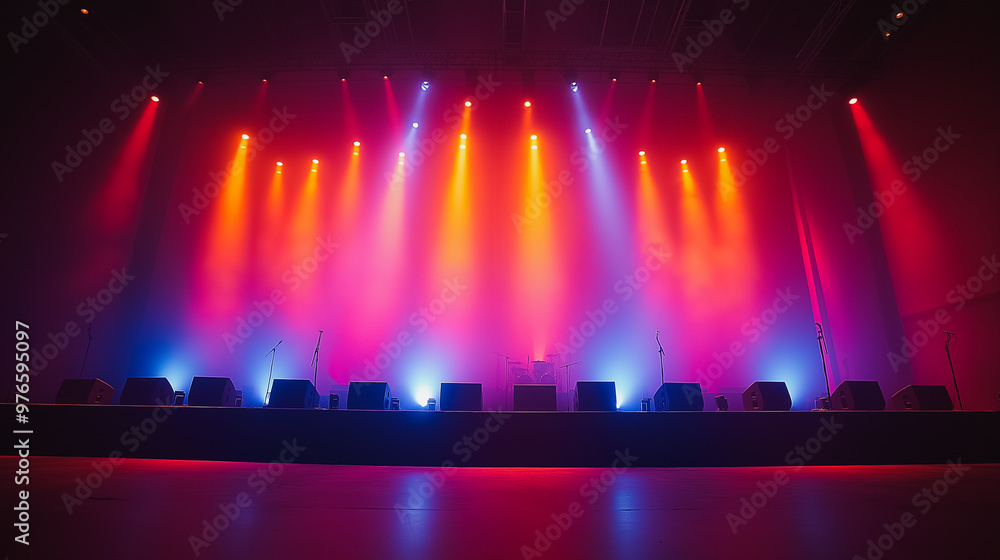 Poster a stage with a large number of lights and speakers. the lights are bright and colorful, creating a v