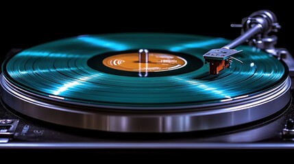 A close-up of a spinning turquoise vinyl record on a turntable.